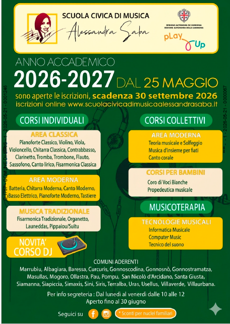 Scuola civica di musica Alessandra Saba. Apertura delle pre-iscrizioni per l'A.S. 2026-2027