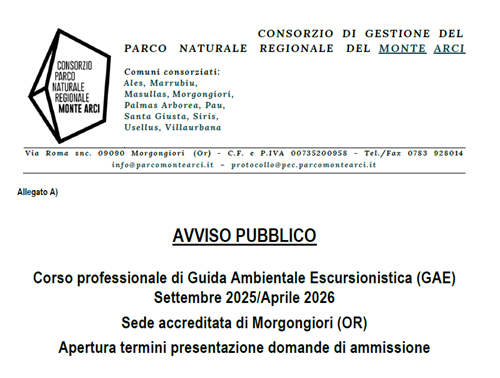 Consorzio di gestione del Parco Naturale Regionale del Monte Arci. Avviso Pubblico - Corso professionale di Guida Ambientale Escursionistica (GAE) Settembre 2025/Aprile 2026
